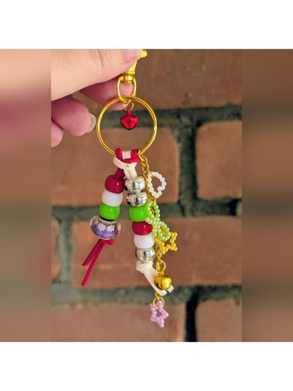 Colorful Beaded Christmas Keychain with Gold Accents